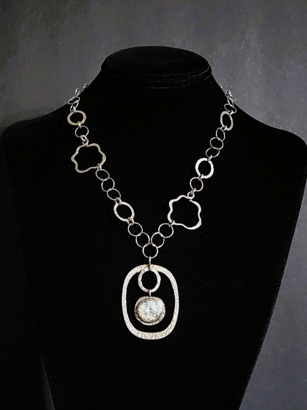 Vntg Ascopa Sterling Silver Roman Glass Brutalist Modernist Statement Necklace